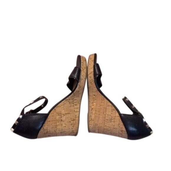 Marc Fisher 8.5M Black Leather Wedge Sandals Cork Heel Studded Ankle Strap - Picture 5 of 10